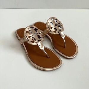 NIB Tory Burch Mirror Metallic Miller Sandal - Rose Gold/Tan, Size 6.5